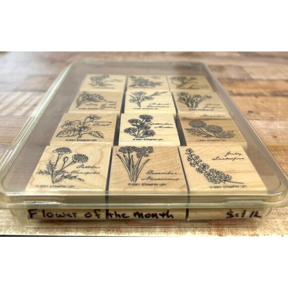 2001 STAMPIN' UP! Flower of The Month Wood Mounted Rubber Stamp set of 12 - Picture 2 of 5